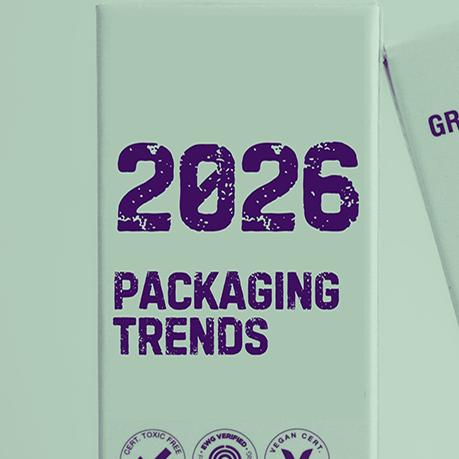 Cosmetics packaging with the wrods '2026 packaging trends' printed onto the front