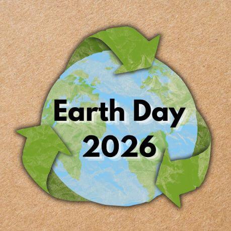 Earth Day 2026 on a logo of the Earth, on a brown background.