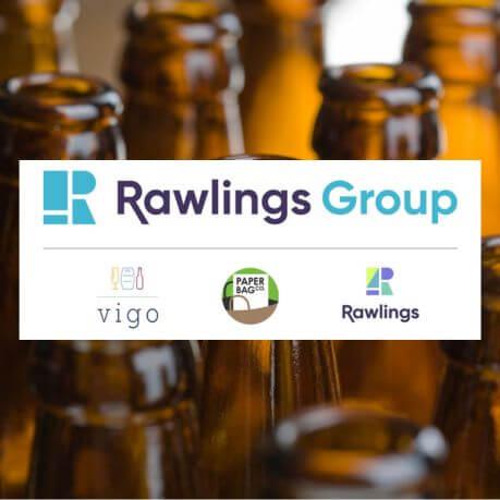 Rawlings Group, Vigo, Paper Bag Company, and Rawlings logos on a white background, with glass bottles behind.