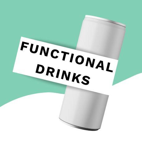 An aluminium can on a white and green background, with 'functional drinks' written on the label.