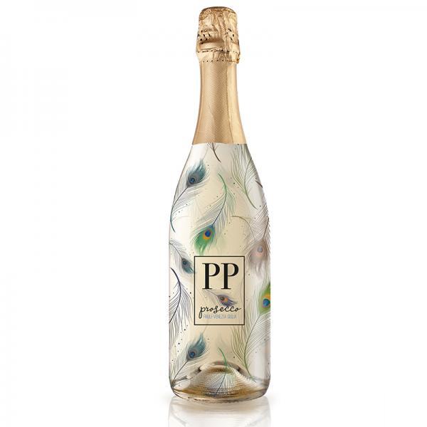 A wine bottle with a full body sleeving decration applied