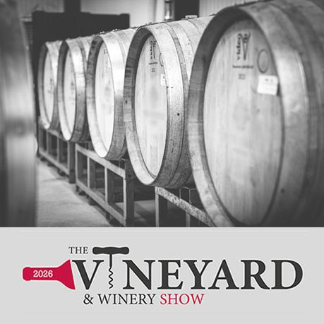 The Vineyard and Winery show 2026 logo with a black and white image of several wooden barrels in a winery